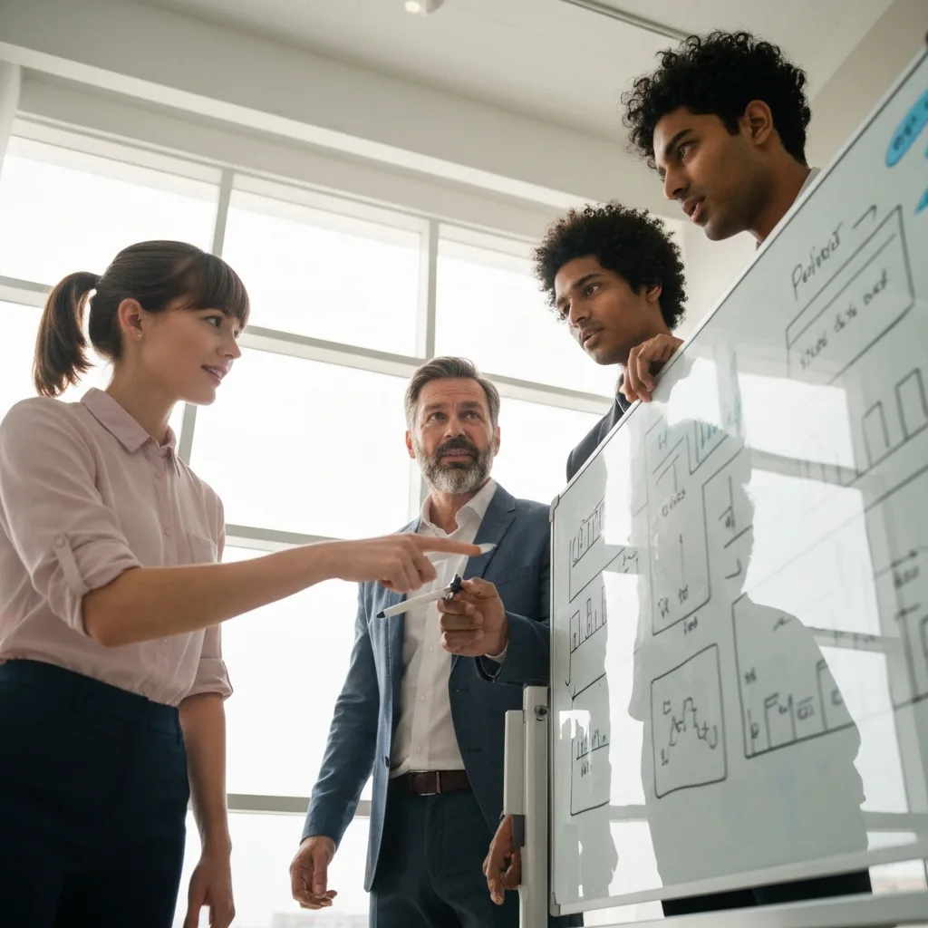 A dynamic, low-angle shot of a diverse group of three professionals intensely collaborating around a glass whiteboard. They are making eye contact, pointing at complex diagrams, and exuding high energy and momentum. Warm, natural sunlight streaming through a nearby window, symbolizing a high-agency network.