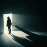 A surreal, cinematic illustration of a person standing at the edge of a bright, glowing threshold, casting a long, dark shadow behind them. The shadow appears to be pulling them backward, symbolizing the fear of stepping into one's own potential. Moody lighting, high contrast, psychological thriller aesthetic, highly detailed.