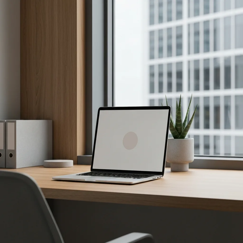 A minimalist, aesthetic workspace left behind. A sleek wooden desk with a closed laptop, a turned-off monitor, and a ceramic coffee cup with a wisp of steam. In the background, slightly out of focus, a person is walking out of an open door into a bright, vibrant outdoor landscape, symbolizing leaving work behind. Soft, natural lighting, photorealistic.