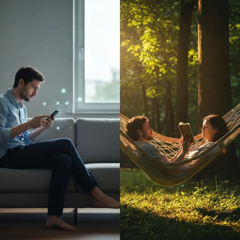 A split-screen composition showing the contrast of rest. On the left, a stressed person sitting on a modern sofa, scrolling intensely on a smartphone with a faint glowing aura of notifications. On the right, the same person deeply relaxed in a hammock in a lush green forest, holding a physical book, bathed in warm, golden hour sunlight. Cinematic lighting, highly detailed.