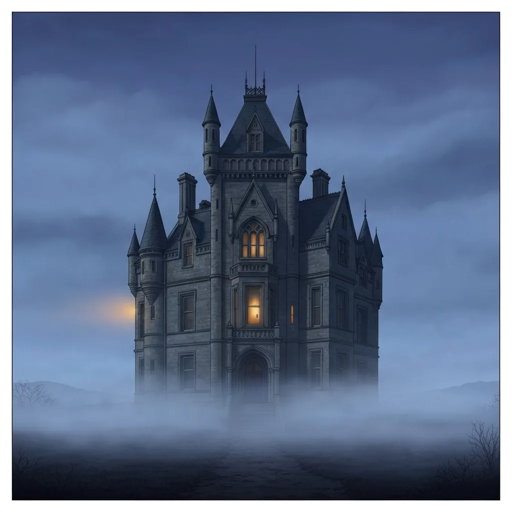 An isolated, imposing Victorian mansion surrounded by thick, rolling fog at twilight, a single illuminated window on the second floor, evoking a classic locked-room mystery atmosphere, highly detailed illustration.