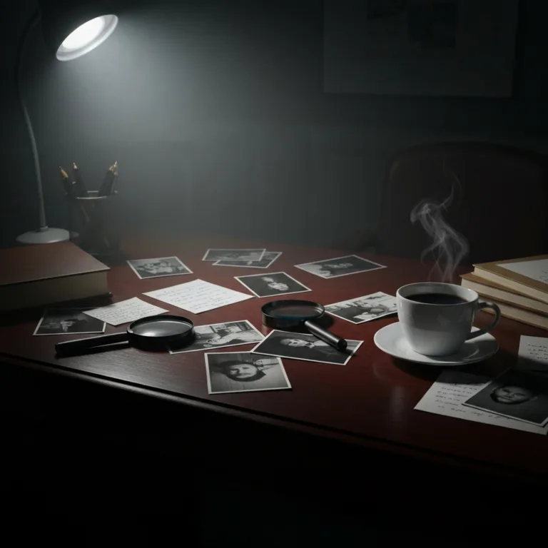 A moody, dimly lit detective's desk covered in scattered black-and-white photographs, handwritten notes, a magnifying glass, and a steaming cup of black coffee, cinematic lighting, neo-noir aesthetic.