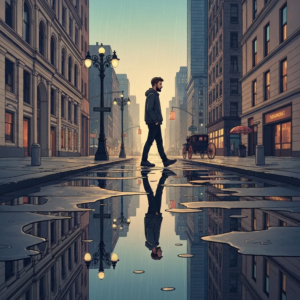 A stylized, modern illustration of a solitary figure walking down a rainy New York City street at dusk. The figure's silhouette reflects in deep puddles on the pavement, which magically show overlapping historical layers of the city's old architecture. Cinematic lighting, muted urban color palette.
