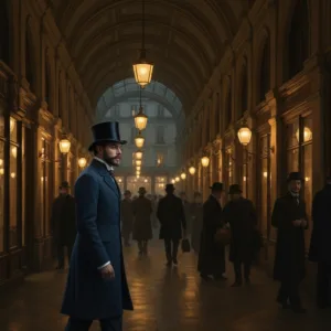 A moody, atmospheric illustration of a 19th-century gentleman in a tailored coat and top hat walking through a gas-lit Parisian arcade. He is observing the bustling crowd from the shadows. Rendered in a classic oil painting style with warm, glowing light and deep shadows.