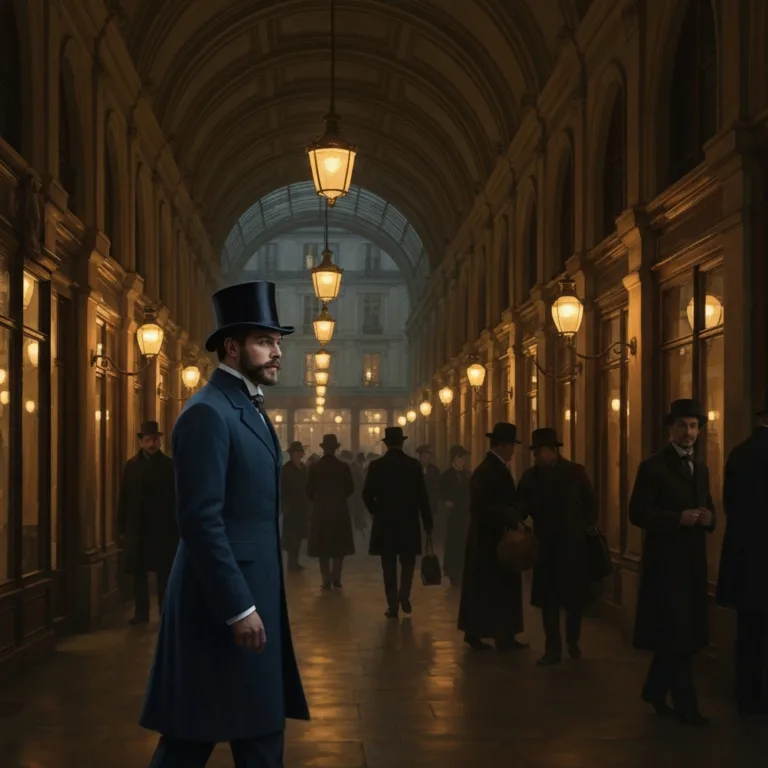 A moody, atmospheric illustration of a 19th-century gentleman in a tailored coat and top hat walking through a gas-lit Parisian arcade. He is observing the bustling crowd from the shadows. Rendered in a classic oil painting style with warm, glowing light and deep shadows.