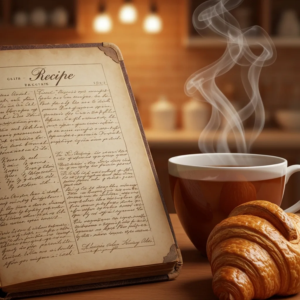 A close-up shot of an antique, handwritten recipe book resting next to a steaming cup of tea and a freshly baked pastry. Nostalgic mood, soft focus background, photorealistic.