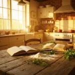 A cozy, sunlit rustic kitchen filled with open books, scattered flour, and fresh herbs on a wooden table. Cinematic lighting, warm and inviting atmosphere, highly detailed.