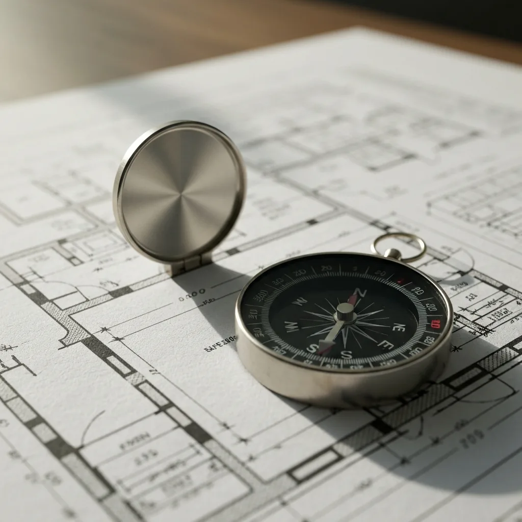 A close-up of a rugged, well-worn compass resting on a complex architectural blueprint. The blueprint is half-completed, with precise lines and measurements, while the compass points steadfastly forward. Soft, natural light streams across the desk, highlighting the texture of the paper and the metallic details of the compass, symbolizing sustained direction and endurance.