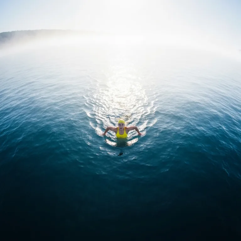 A lone swimmer in the middle of a vast, calm lake, viewed from above. The starting shore and the destination shore are both barely visible in the misty distance. The water is deep blue, conveying a sense of scale and isolation, illustrating the psychological 'messy middle' of a long journey. Cinematic lighting, hyper-realistic.