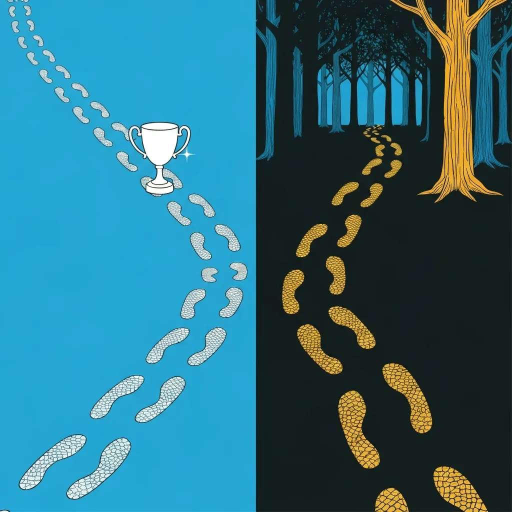 A minimalist, high-end editorial illustration showing two paths: one crowded with identical glowing blue footprints leading to a shiny but hollow trophy, and another solitary path with unique, textured golden footprints leading into a lush, mysterious forest. Clean lines, vector art style, evocative.