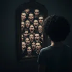 A surreal conceptual illustration of a person looking into an ornate mirror, but the reflection shows a collage of different strangers' faces, symbolizing borrowed ambitions. Moody lighting, cinematic, high contrast, psychological thriller aesthetic.