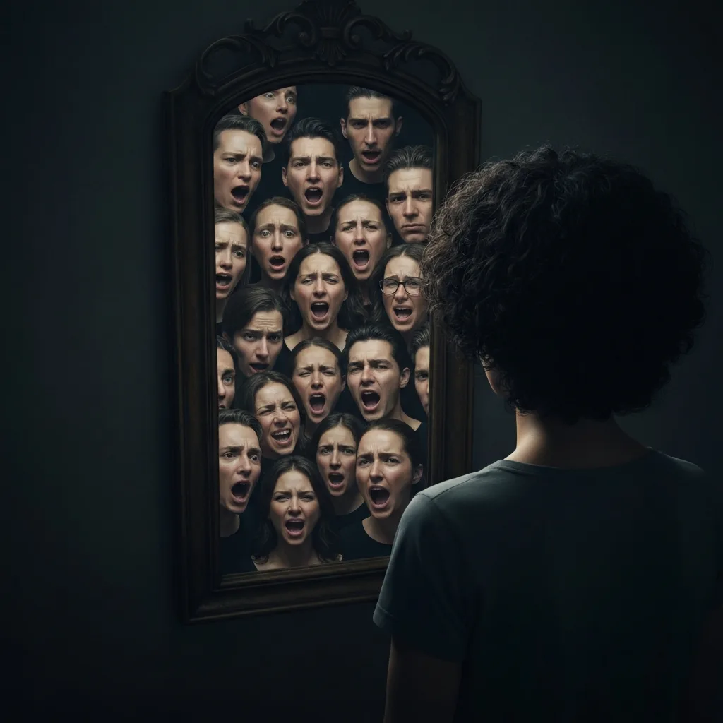 A surreal conceptual illustration of a person looking into an ornate mirror, but the reflection shows a collage of different strangers' faces, symbolizing borrowed ambitions. Moody lighting, cinematic, high contrast, psychological thriller aesthetic.