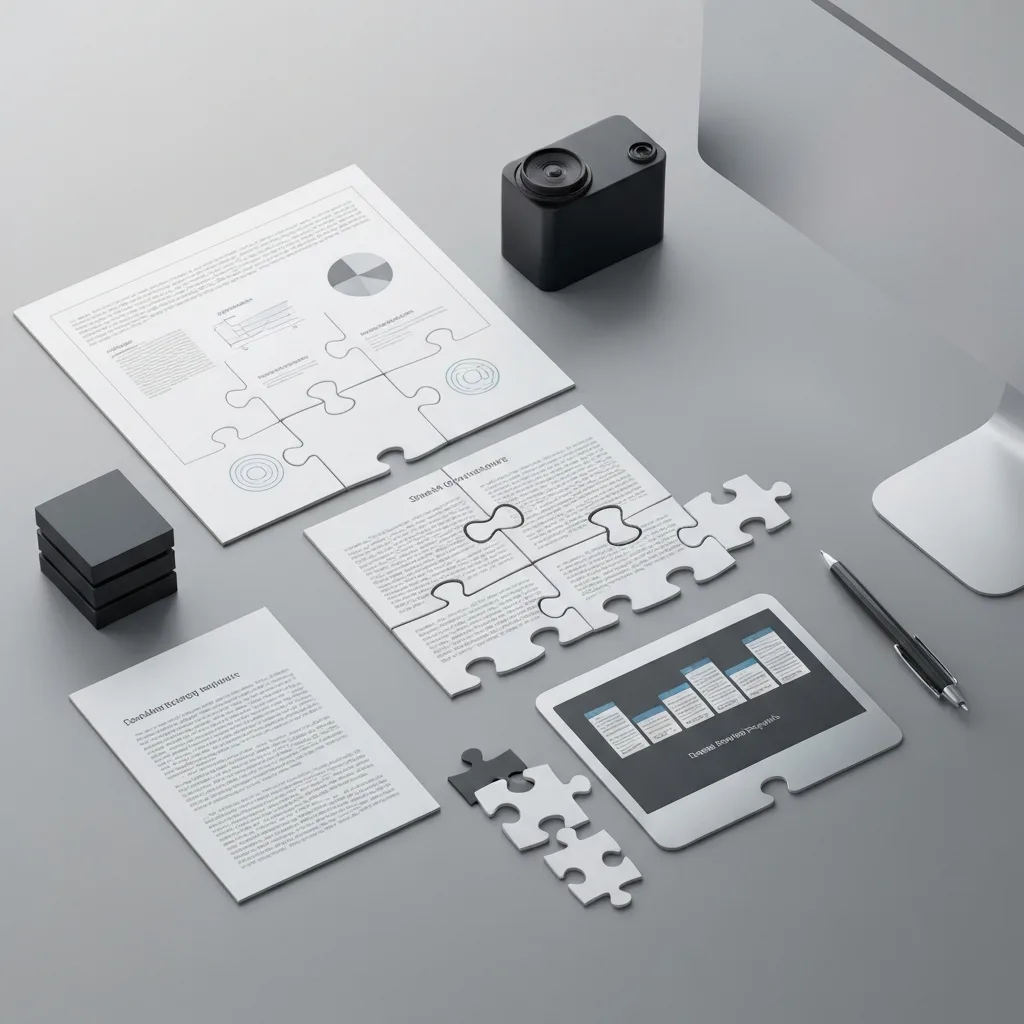 A conceptual flat lay of a sleek desk setup. Various documents and digital interfaces are visually broken down into puzzle pieces that fit seamlessly together, representing standard operating procedures and templates. Professional corporate photography.