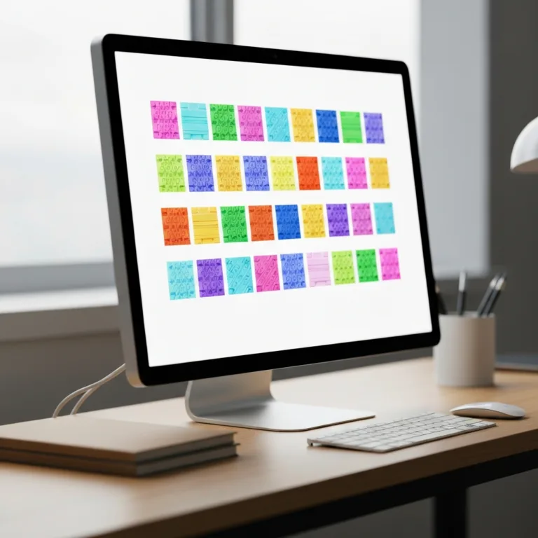 A clean, modern workspace featuring a glowing computer screen displaying a grid of interlocking, colorful modular blocks, symbolizing reusable work assets. Soft, natural lighting, minimalist aesthetic, highly detailed.