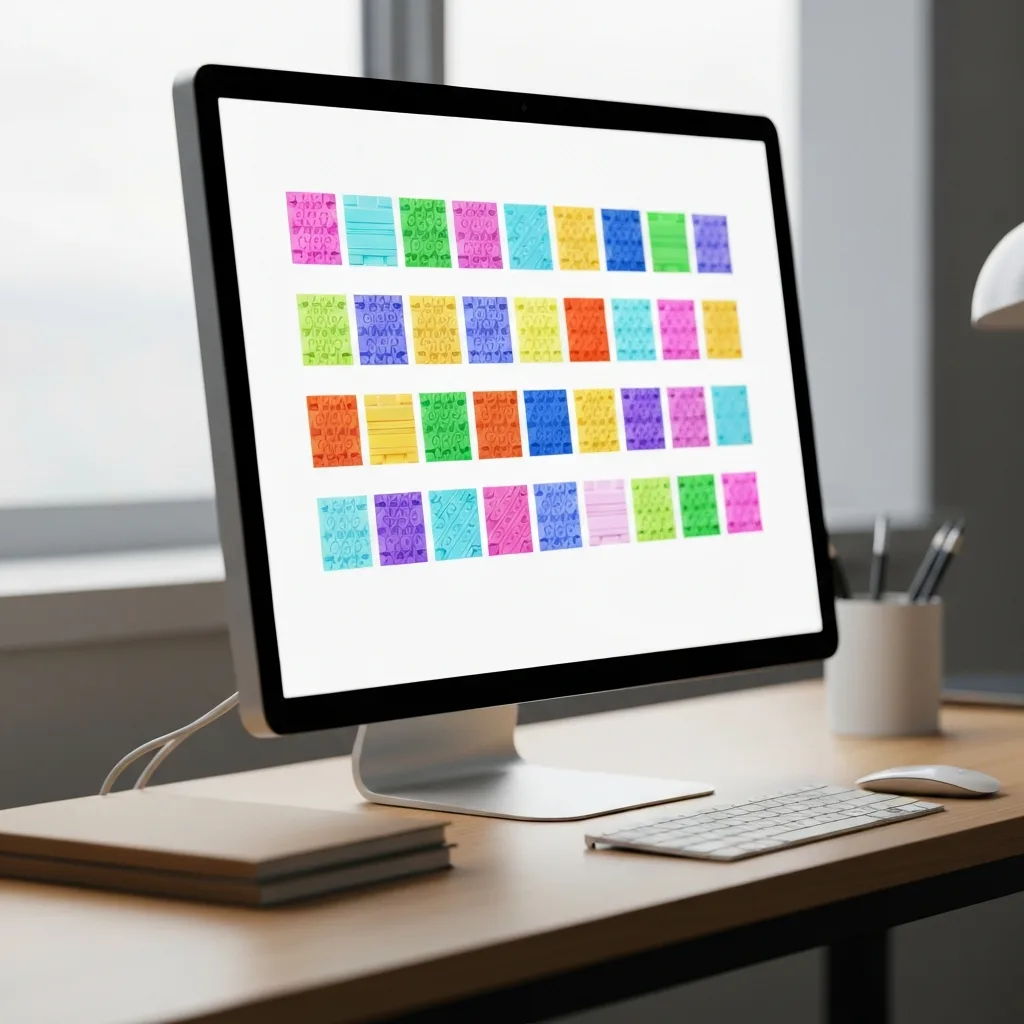 A clean, modern workspace featuring a glowing computer screen displaying a grid of interlocking, colorful modular blocks, symbolizing reusable work assets. Soft, natural lighting, minimalist aesthetic, highly detailed.