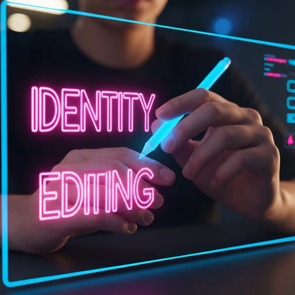 A close-up of a person's hands using a glowing, modern digital stylus to literally erase and rewrite glowing neon words on a transparent glass board in front of them, symbolizing 'Identity Editing'. Cyberpunk or sleek modern aesthetic, dark background with vibrant light accents.