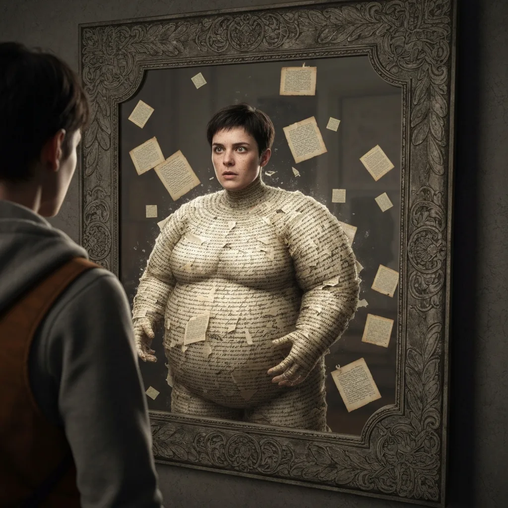 A conceptual representation of 'Narrative Debt'. A person looking into a large, ornate mirror, but the reflection shows a heavier, older, or faded version of themselves made entirely of written text and old manuscript pages. Moody, cinematic lighting, photorealistic style.