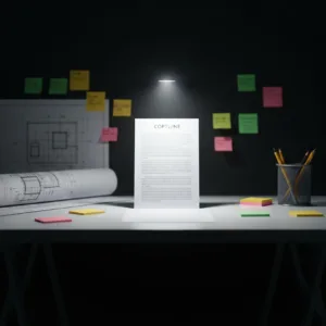 A minimalist workspace featuring a sleek desk with a single illuminated focal point on a completed document, while blurred, faded blueprints and scattered sticky notes fade into the dark background, conveying singular focus and completion over scattered ideas, photorealistic, cinematic lighting.