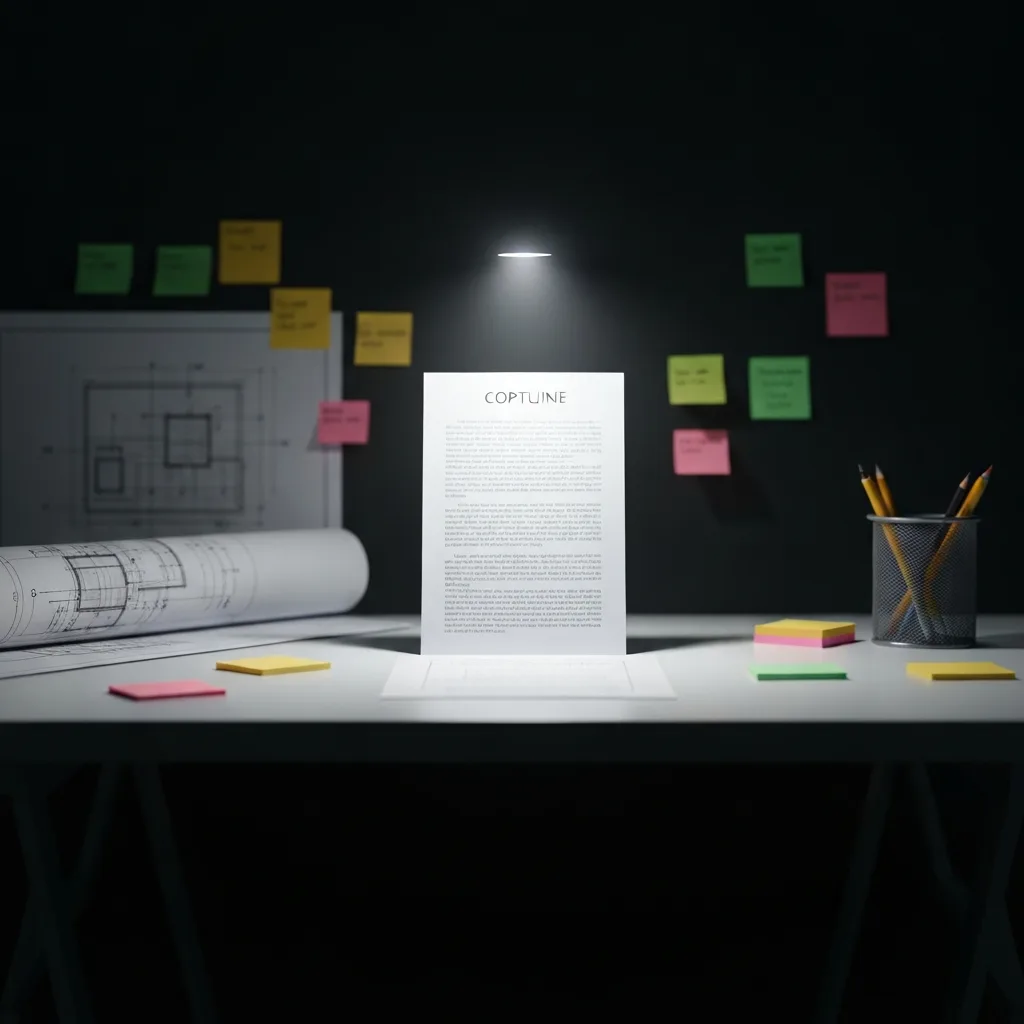 A minimalist workspace featuring a sleek desk with a single illuminated focal point on a completed document, while blurred, faded blueprints and scattered sticky notes fade into the dark background, conveying singular focus and completion over scattered ideas, photorealistic, cinematic lighting.