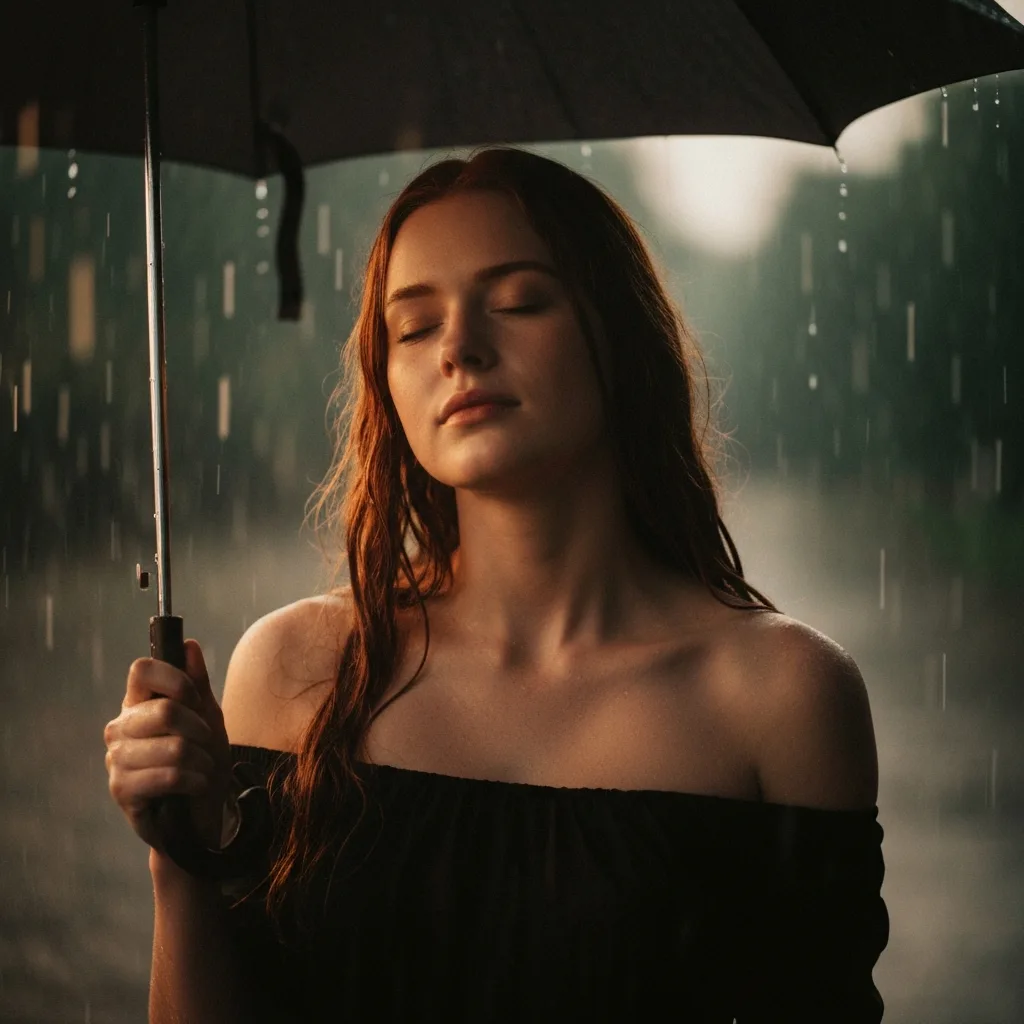 A cinematic, softly lit portrait of a person standing in a gentle rain, their shoulders relaxed and face serene, having set down their umbrella. The rain represents passing emotions. The atmosphere is moody but peaceful, highlighting the psychological concept of somatic softening and emotional acceptance.