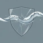 A conceptual, minimalist illustration of a delicate glass shield cracking under pressure, with soft, flowing watercolor waves passing seamlessly through the cracks. The background is a calm, muted slate blue, symbolizing the transition from rigid emotional armor to fluid mindfulness and emotional permeability.