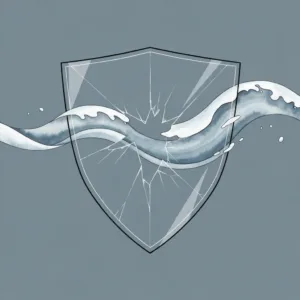 A conceptual, minimalist illustration of a delicate glass shield cracking under pressure, with soft, flowing watercolor waves passing seamlessly through the cracks. The background is a calm, muted slate blue, symbolizing the transition from rigid emotional armor to fluid mindfulness and emotional permeability.