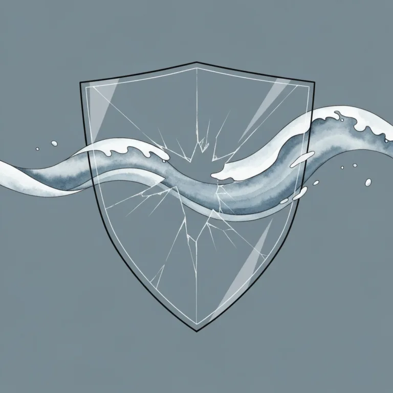 A conceptual, minimalist illustration of a delicate glass shield cracking under pressure, with soft, flowing watercolor waves passing seamlessly through the cracks. The background is a calm, muted slate blue, symbolizing the transition from rigid emotional armor to fluid mindfulness and emotional permeability.