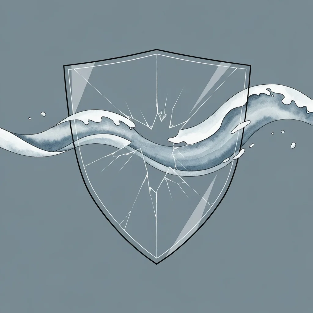 A conceptual, minimalist illustration of a delicate glass shield cracking under pressure, with soft, flowing watercolor waves passing seamlessly through the cracks. The background is a calm, muted slate blue, symbolizing the transition from rigid emotional armor to fluid mindfulness and emotional permeability.