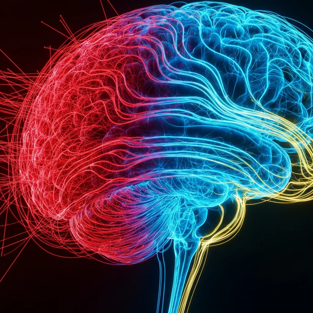 An abstract visual representation of the brain's neurobiology, showing a transition from harsh, jagged red lines representing cortisol and stress, shifting smoothly into flowing, luminous blue and gold pathways representing dopamine, motivation, and calm focus. Sleek, modern, scientific aesthetic.
