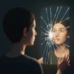 A conceptual, minimalist illustration of a person looking at their own reflection in a shattered mirror, with the broken pieces slowly reassembling into a glowing, solid surface, representing self-forgiveness and psychological repair. Moody lighting, cinematic, high resolution.