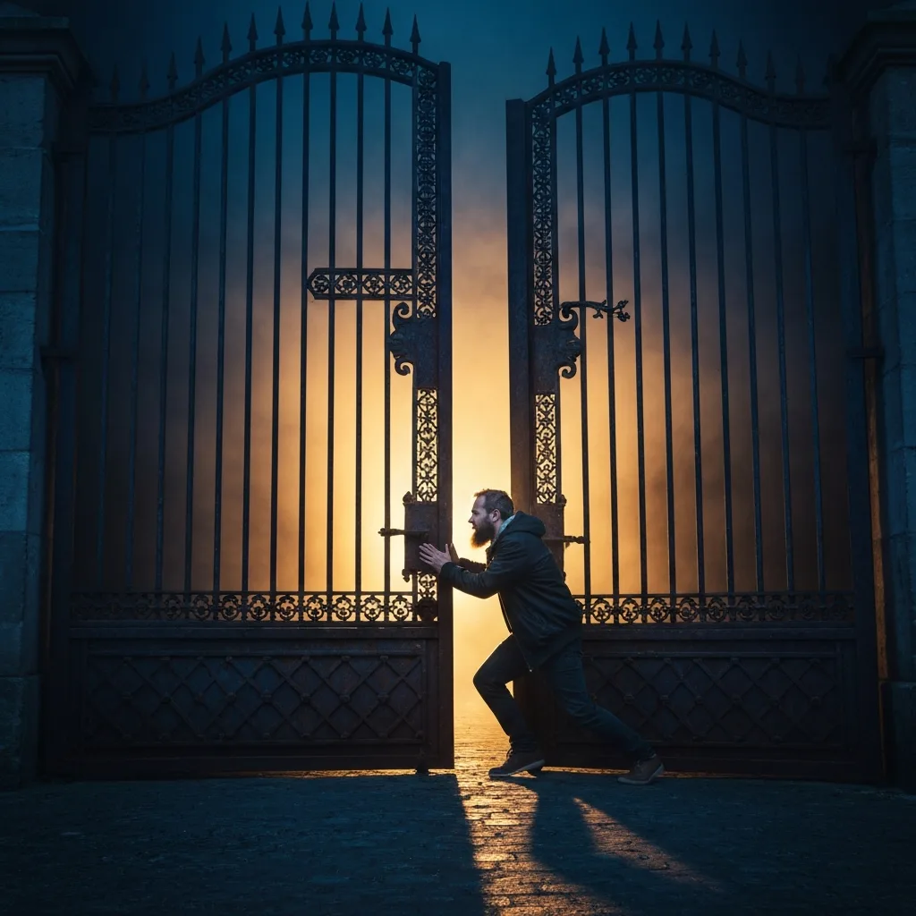 A moody, atmospheric image of a person stepping through a massive, heavy iron gate that is slightly ajar. They are pushing it open themselves with determination, stepping from shadow into warm light, symbolizing radical initiative and bypassing gatekeepers.