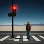 A conceptual and surreal image of a person standing at a crosswalk in the middle of an empty, vast desert landscape, staring up at a traffic light that is permanently glowing red. Cinematic lighting, high contrast, emphasizing the feeling of waiting for permission.