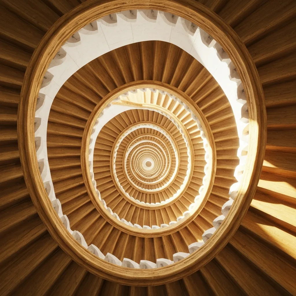 A macro shot of an intricate, endless staircase resembling an M.C. Escher optical illusion, carved from warm wood and smooth stone. The endless loops represent the concept of infinite games and continuous progress rather than a final destination. Soft, natural sunlight filtering from above, photorealistic, architectural rendering style.