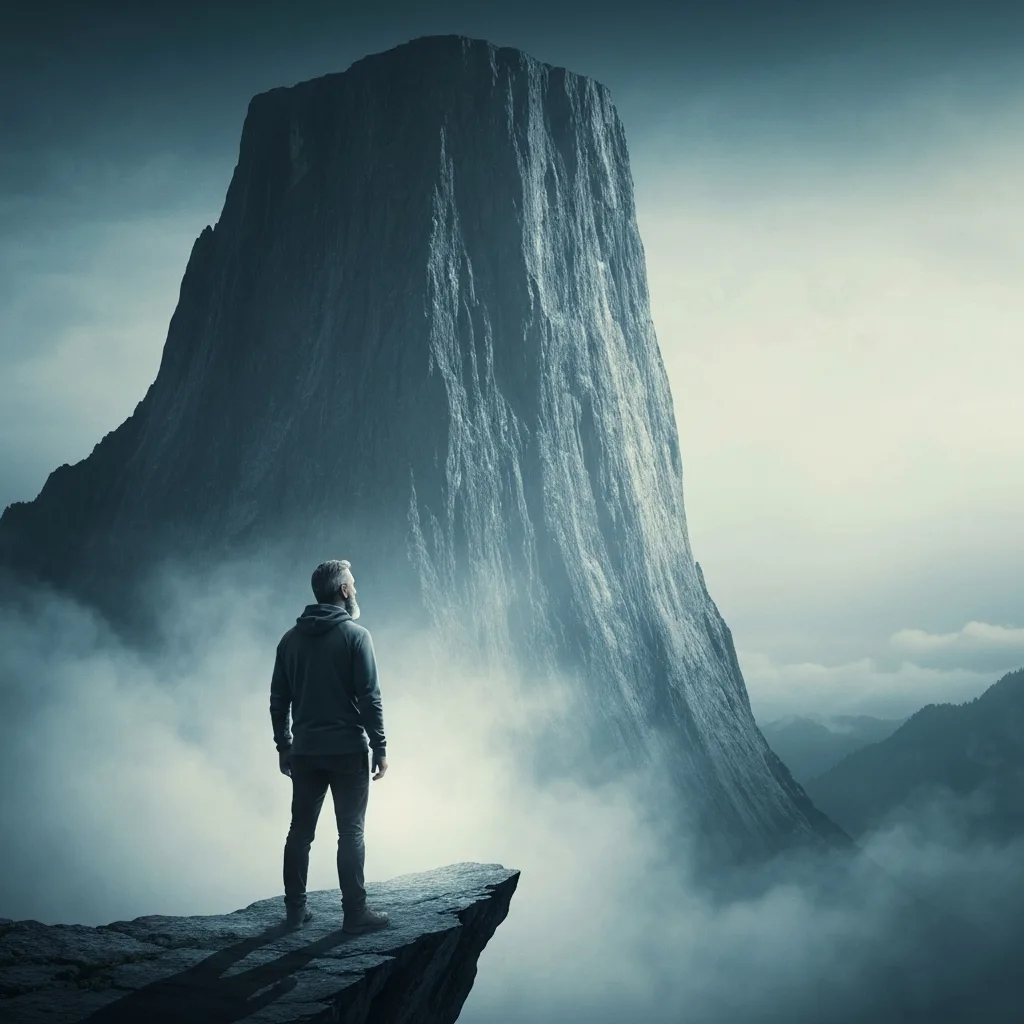 A conceptual, high-quality editorial illustration showing a lone figure standing at the peak of a high mountain, looking out into a vast, empty, misty abyss. The mood is quiet, slightly melancholic but expansive, emphasizing the feeling of reaching a goal and wondering what comes next. Cinematic lighting, cool color palette, highly detailed.