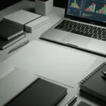 A close-up, cinematic shot of a pristine, overly organized desk with perfectly aligned notebooks, expensive pens, and a glowing laptop screen showing complex charts, contrasting with a completely blank sheet of paper in the center. Moody, dramatic lighting, highly detailed.