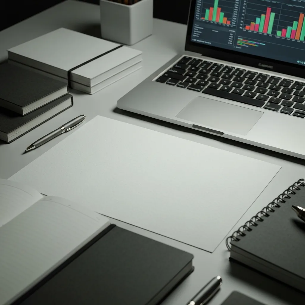 A close-up, cinematic shot of a pristine, overly organized desk with perfectly aligned notebooks, expensive pens, and a glowing laptop screen showing complex charts, contrasting with a completely blank sheet of paper in the center. Moody, dramatic lighting, highly detailed.