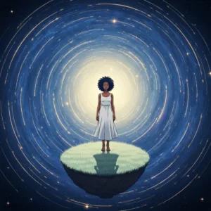 A conceptual illustration of a person standing on a calm, sunlit path, while a dark, exaggerated storm cloud looms only inside a thought bubble above their head. The style should be modern, minimalist editorial illustration with a muted color palette of soft blues, warm ochres, and charcoal, emphasizing the contrast between present reality and imagined future distress.