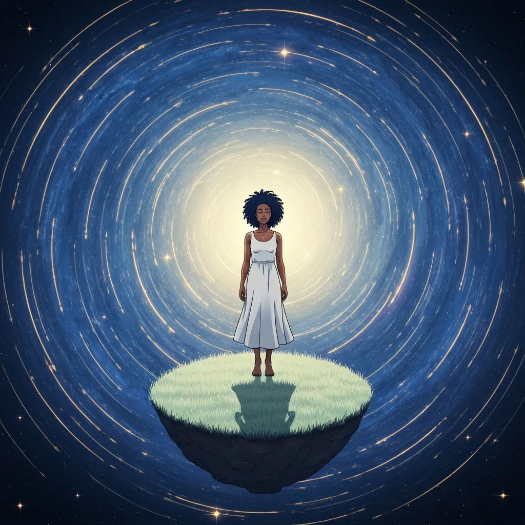 A conceptual illustration of a person standing on a calm, sunlit path, while a dark, exaggerated storm cloud looms only inside a thought bubble above their head. The style should be modern, minimalist editorial illustration with a muted color palette of soft blues, warm ochres, and charcoal, emphasizing the contrast between present reality and imagined future distress.
