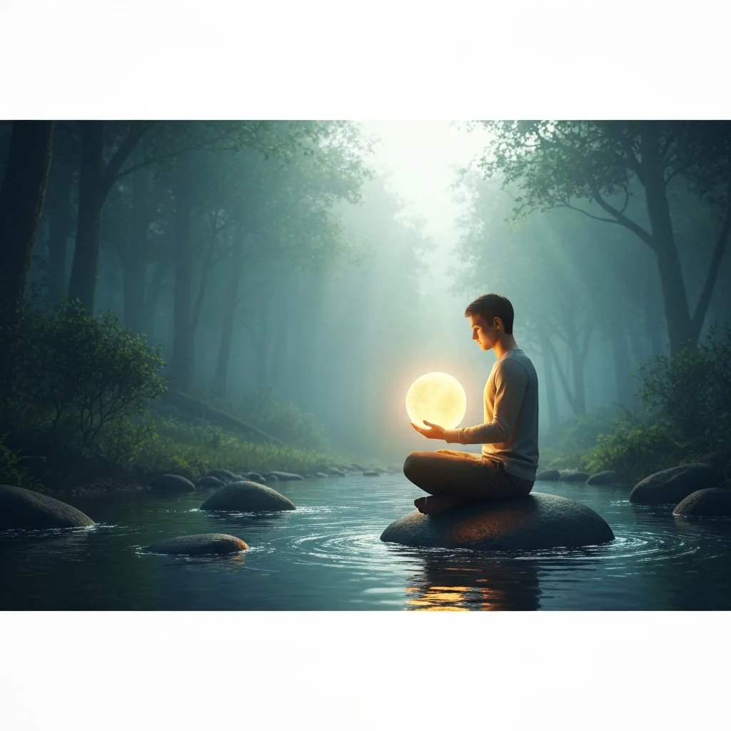 A metaphorical illustration of emotional autonomy. A solitary figure sitting calmly on a smooth, dark stone in the middle of a gentle, rippling stream. They are holding a glowing, warm sphere of light in their own hands, representing internal emotional regulation. The surrounding environment is a lush, moody forest with soft, diffused morning light filtering through the canopy. Highly detailed, atmospheric, digital art.