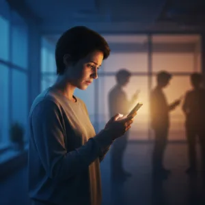 A conceptual, cinematic shot of a person standing alone in a dimly lit, modern room, looking at their glowing smartphone screen. The light from the screen illuminates their face, highlighting a subtle expression of anxiety. In the background, faint, blurred silhouettes of other people represent the external validation they are seeking. Cool blue and warm amber color grading, high contrast, photorealistic.