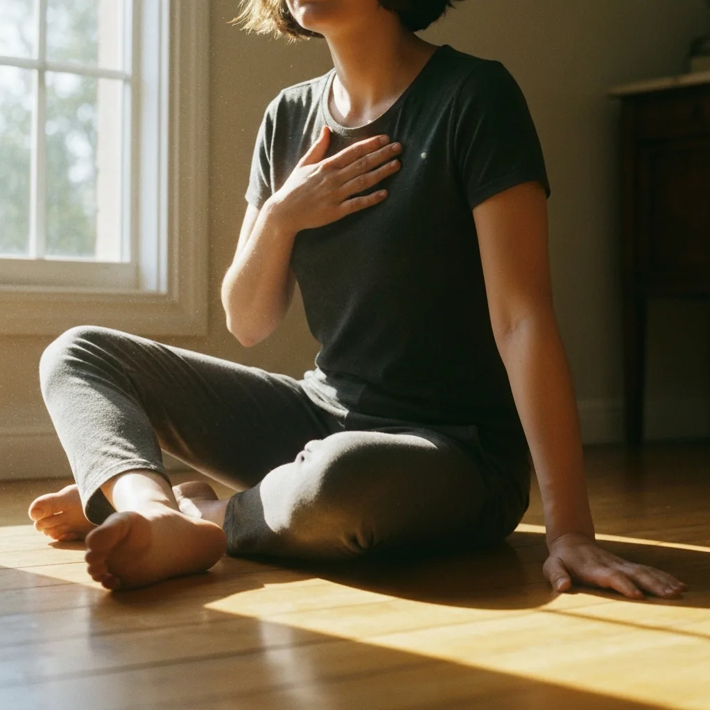 A serene, cinematic photograph of a person sitting on a wooden floor in a sunlit room, one hand placed gently on their chest and the other touching the solid wood floor. Dust motes dance in the natural light streaming through a nearby window. The atmosphere conveys deep grounding and dual-awareness, balancing internal sensation with external reality. Shot on 35mm lens, soft natural lighting.