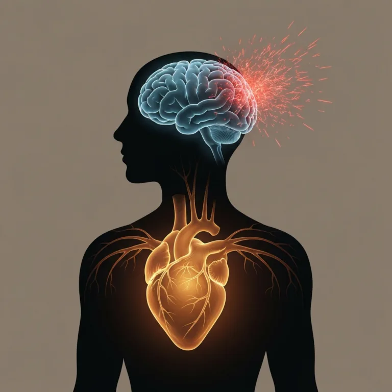 A conceptual, high-quality editorial illustration showing a human silhouette with glowing, abstract neural pathways connecting the heart and the brain. The heart area glows with a warm amber light, while the brain area shows a mixture of cool blue and frantic red sparks, symbolizing the misinterpretation of physical signals. Clean, minimalist background, muted color palette, modern psychology editorial style.