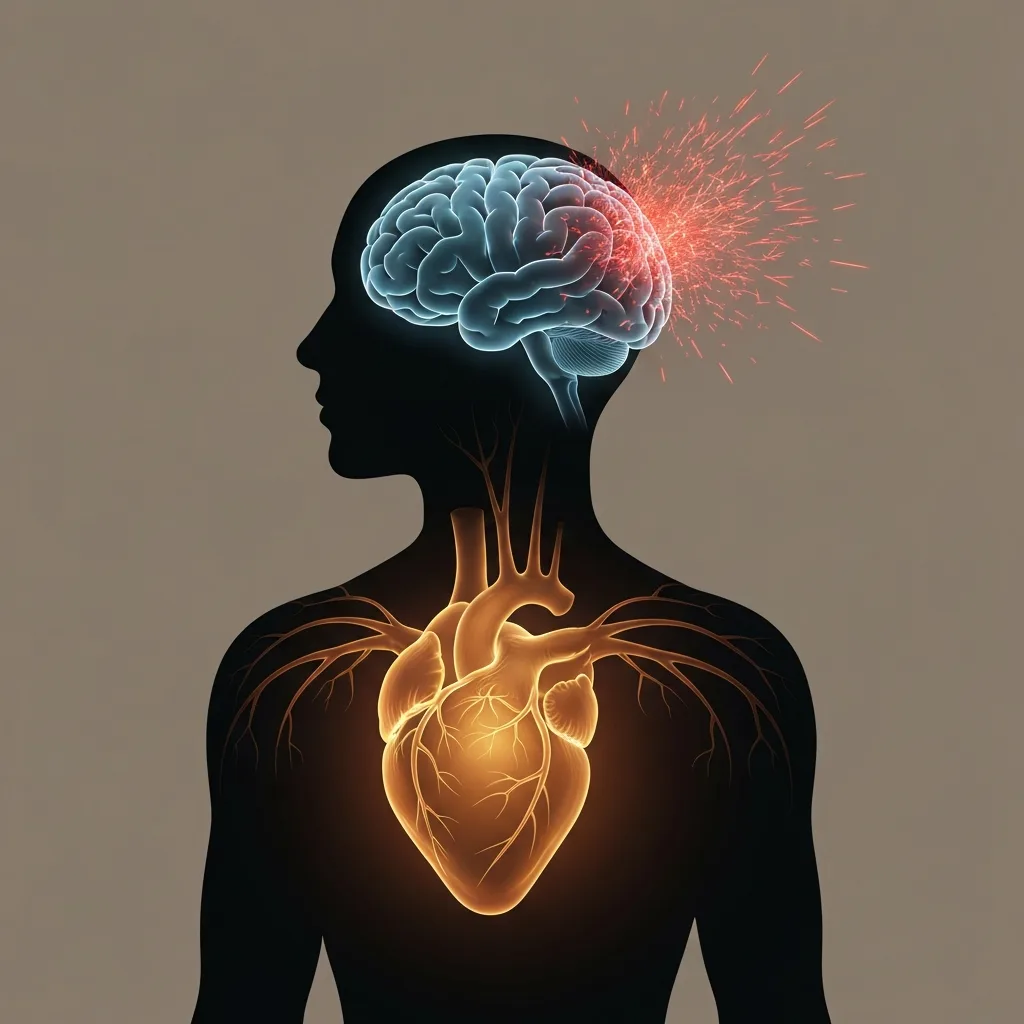 A conceptual, high-quality editorial illustration showing a human silhouette with glowing, abstract neural pathways connecting the heart and the brain. The heart area glows with a warm amber light, while the brain area shows a mixture of cool blue and frantic red sparks, symbolizing the misinterpretation of physical signals. Clean, minimalist background, muted color palette, modern psychology editorial style.