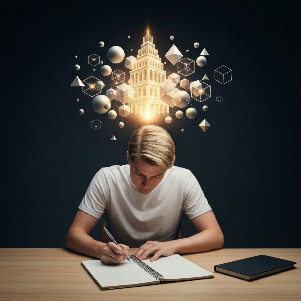 A person sitting at a minimalist wooden desk, deeply focused on a notebook. Above their head, abstract geometric shapes floating and assembling into a structured, glowing architecture, symbolizing habit formation and mental discipline. Cinematic lighting, soft focus background.