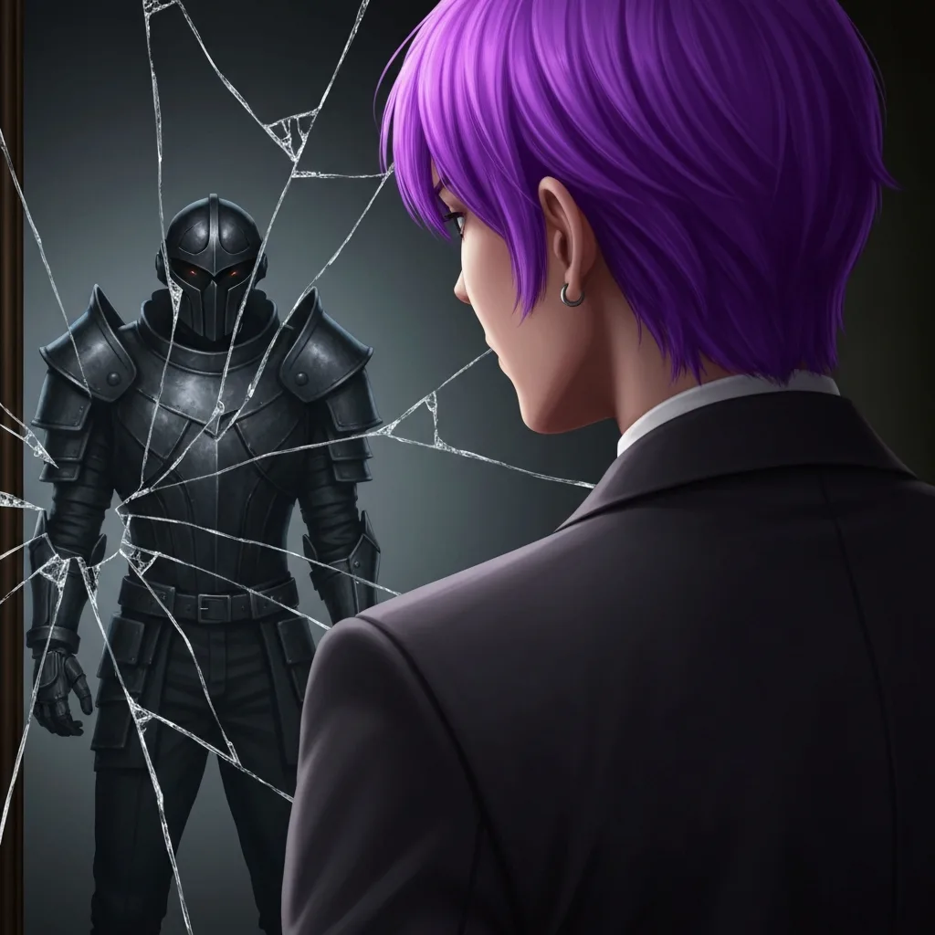 A conceptual, highly detailed digital illustration of a person looking at their own reflection in a shattered mirror. The reflection is wearing heavy, protective armor made of dark, swirling shadows, while the real person wears simple, light clothing. Cinematic lighting, moody atmosphere, symbolizing the hidden psychological protection of emotional pain.