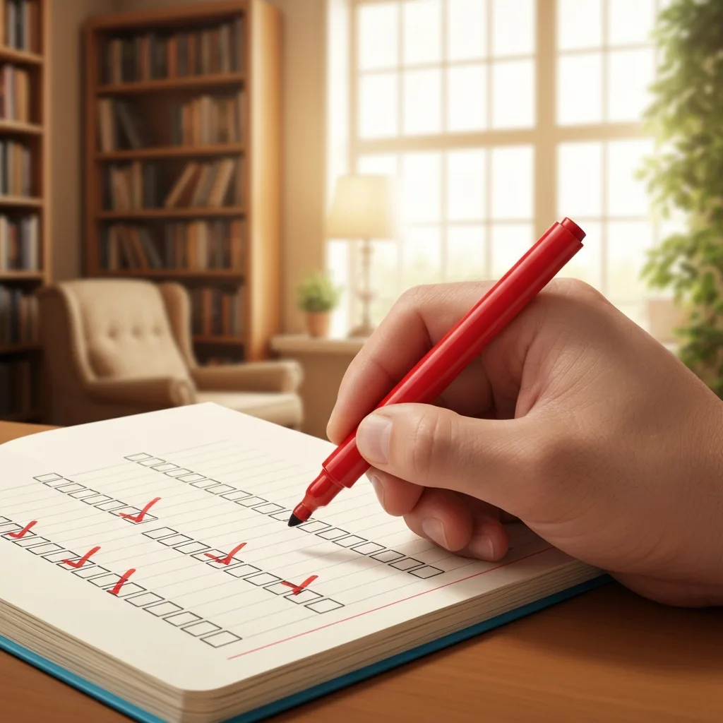 A close-up of a hand holding a red marker, crossing out a perfectly neat row of checkboxes in a habit tracker notebook, with a blurred background of a quiet, sunlit study room, realistic photography.