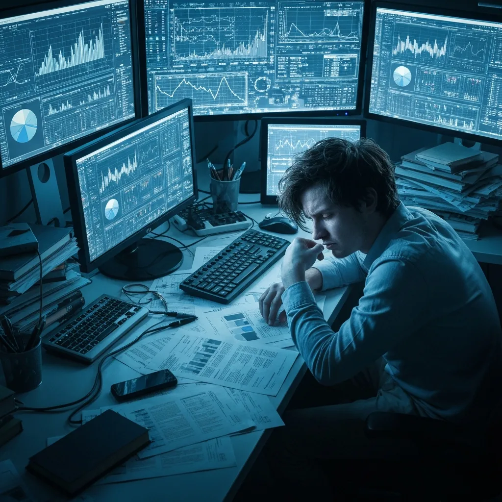 A cluttered desk with multiple digital screens showing complex, chaotic graphs and charts, while the user sits looking exhausted, bathed in the cold blue light of the monitors, cinematic lighting, highly detailed.