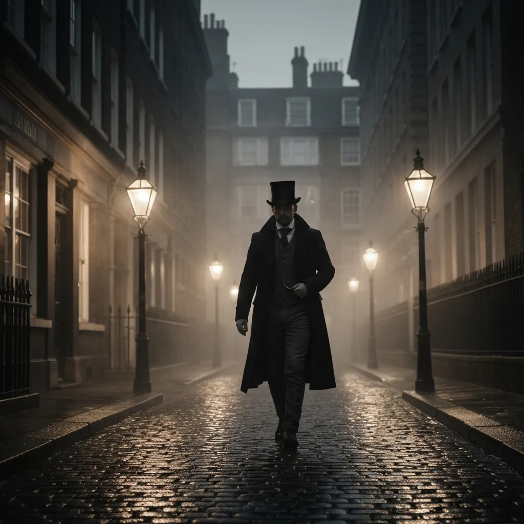 A solitary figure in 19th-century clothing walking down a dense, fog-filled cobblestone street in London at dusk. Gas lamps cast a warm, eerie glow on the wet stones. Atmospheric, moody, evocative of classic historical fiction settings.