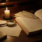A close-up of an antique wooden desk cluttered with historical research materials: a flickering wax candle, handwritten letters with faded ink, a brass magnifying glass, and an open, leather-bound journal. Cinematic lighting, highly detailed, photorealistic.