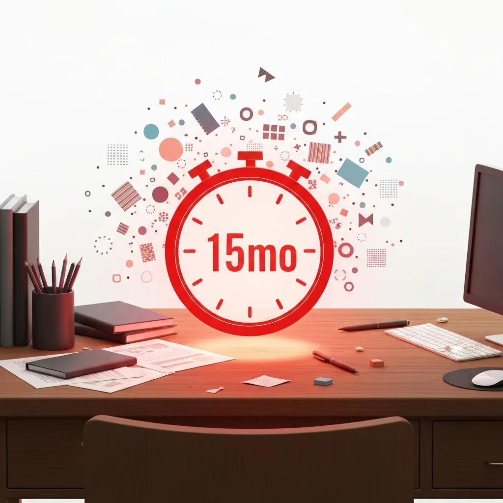 A conceptual illustration of a glowing red 15-minute timer hovering over a messy desk, acting as a forcefield shield against a swarm of small, chaotic, abstract shapes representing minor technical glitches. Clean, modern, minimalist style.